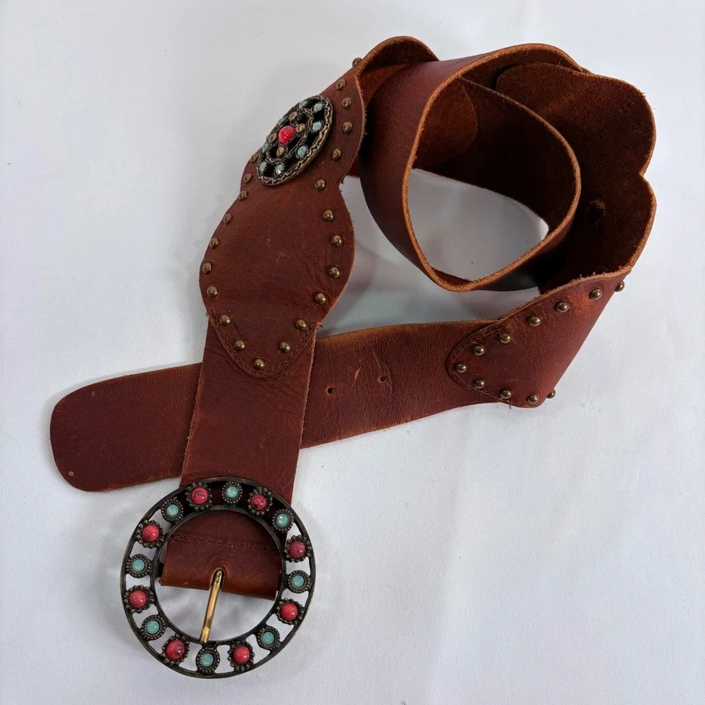 Leatherock Leather Belt Brown Scalloped Studded Turquoise Coral Medallion L 34